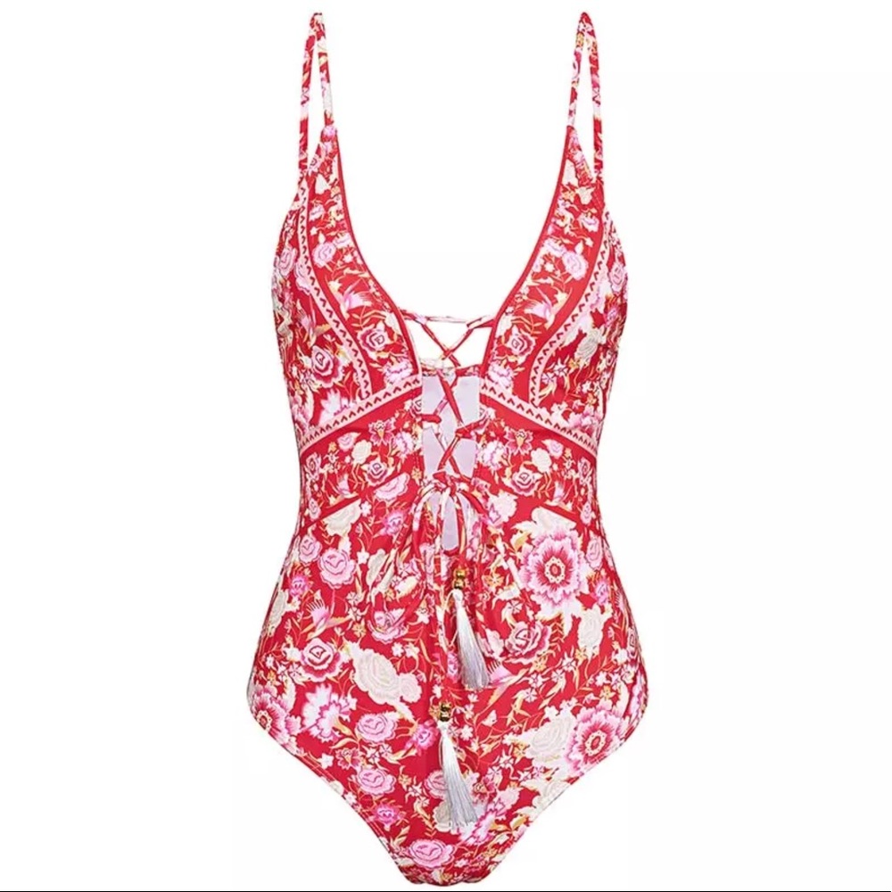 Floral Lace-Up & Tassels Swimsuit - Picture 4 of 8